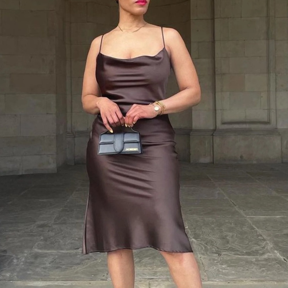 Chocolate Brown Cowl Neck Satin Midi Dress Meshki